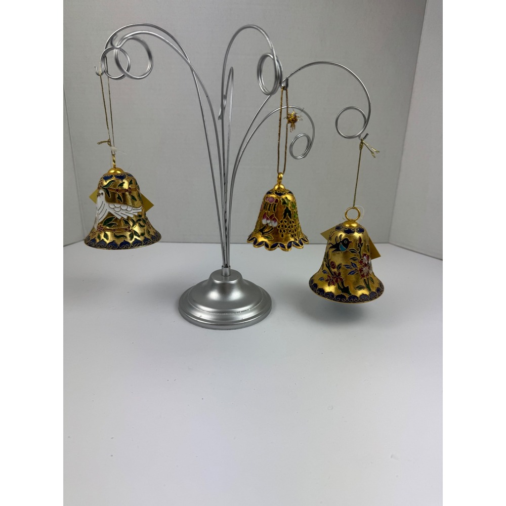 Vintage Precious Cloisonne Bells Set of 3 Gold Plated Enamel Chinese Art Decor